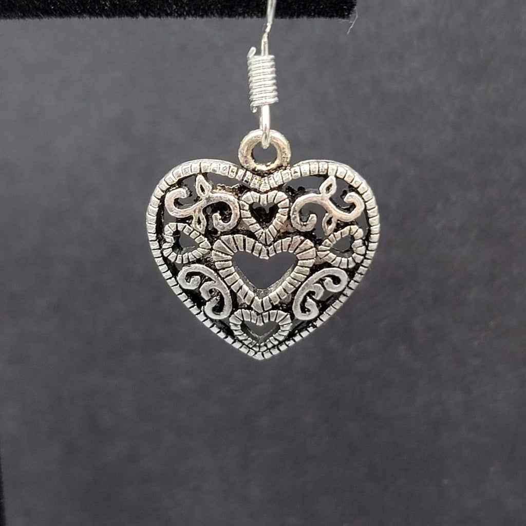 Heart Pierced Earrings Open Work Silver tone Dangle 3/4"