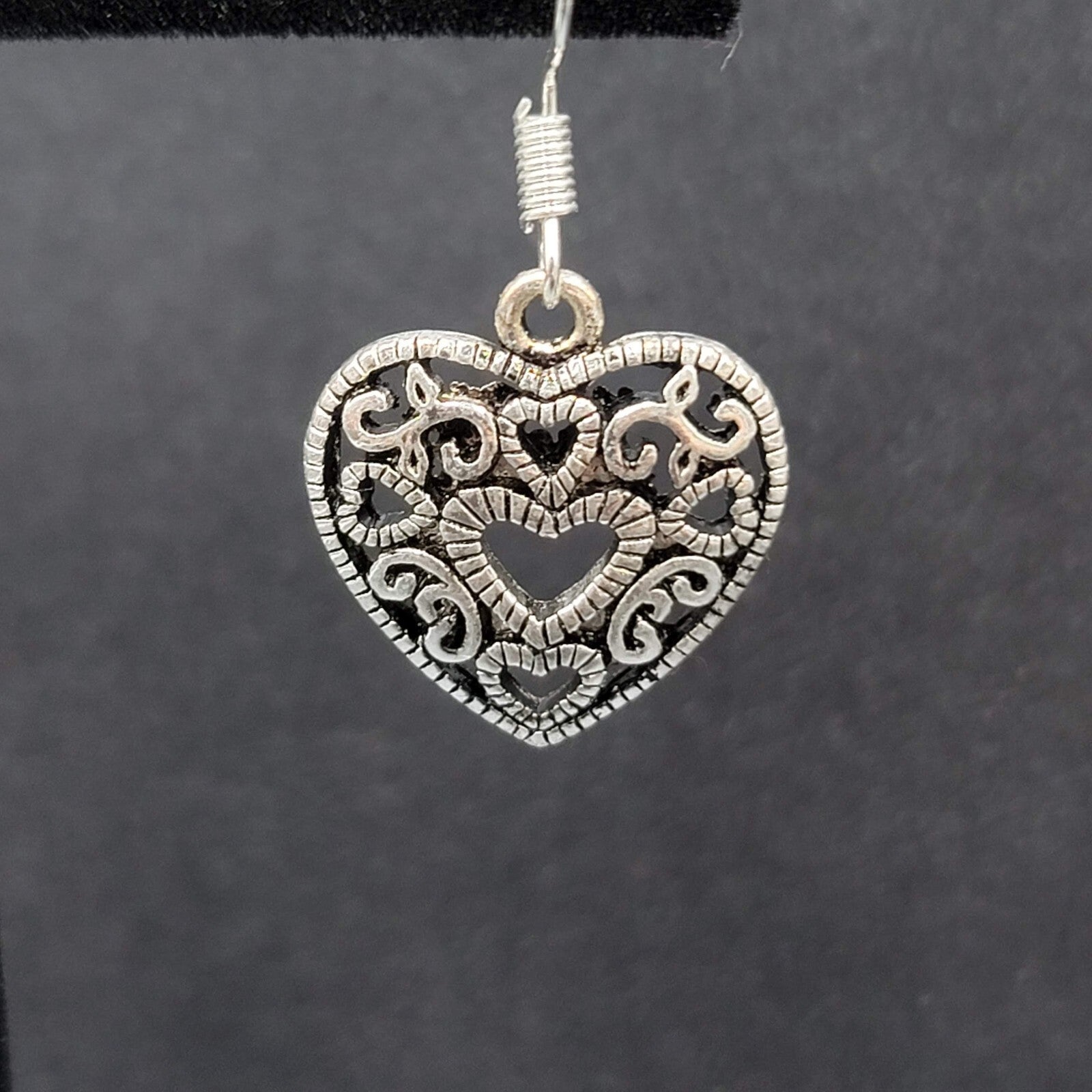 Heart Pierced Earrings Open Work Silver tone Dangle 3/4"