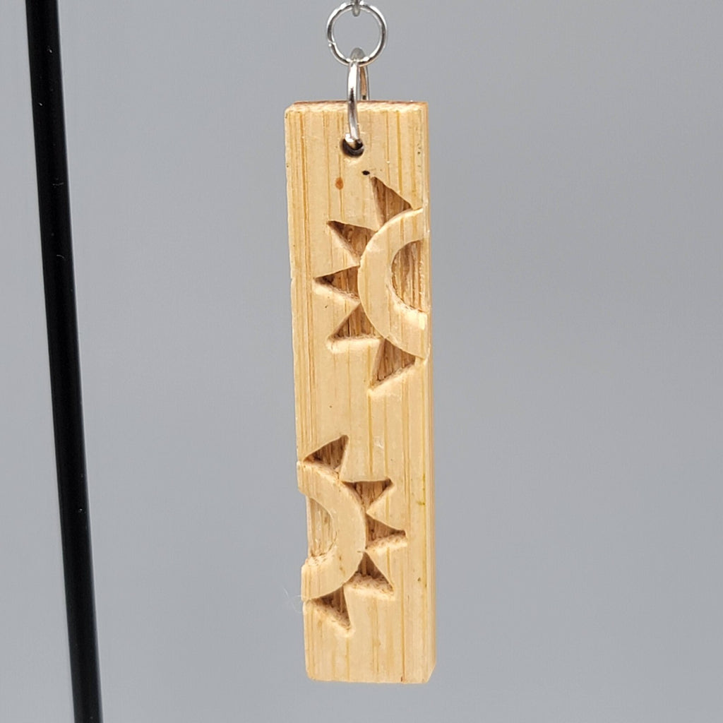 Sun Motif Wood Pierced Earrings Silver tone Dangle 2.25"