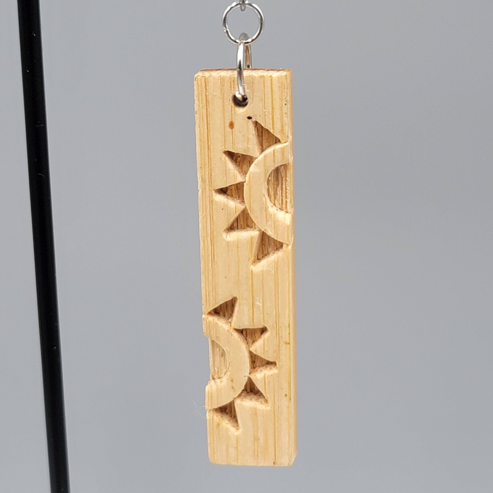 Sun Motif Wood Pierced Earrings Silver tone Dangle 2.25"