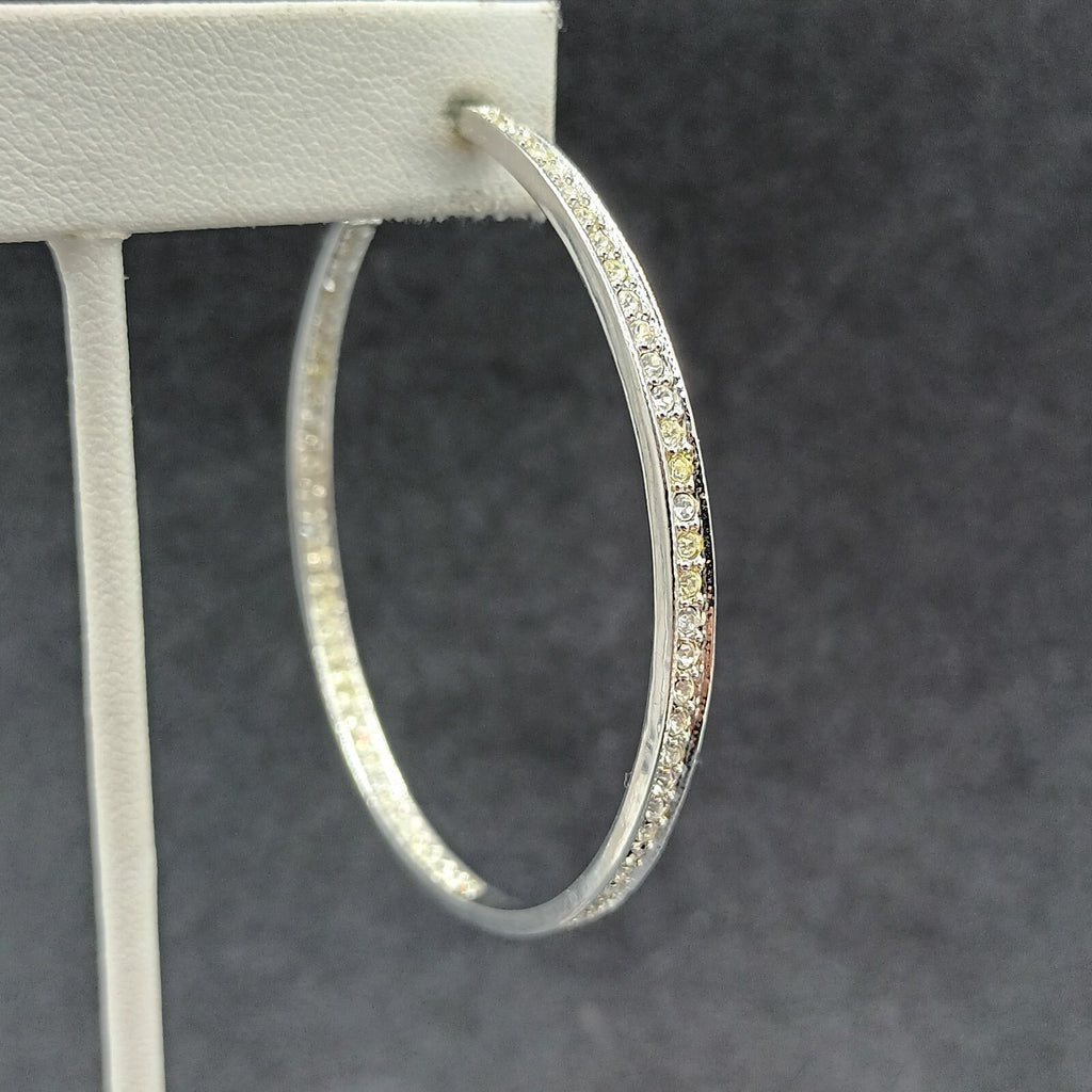 Pierced Earrings Silver tone Inside Outside Rhinestone Hoop 2 1/4"