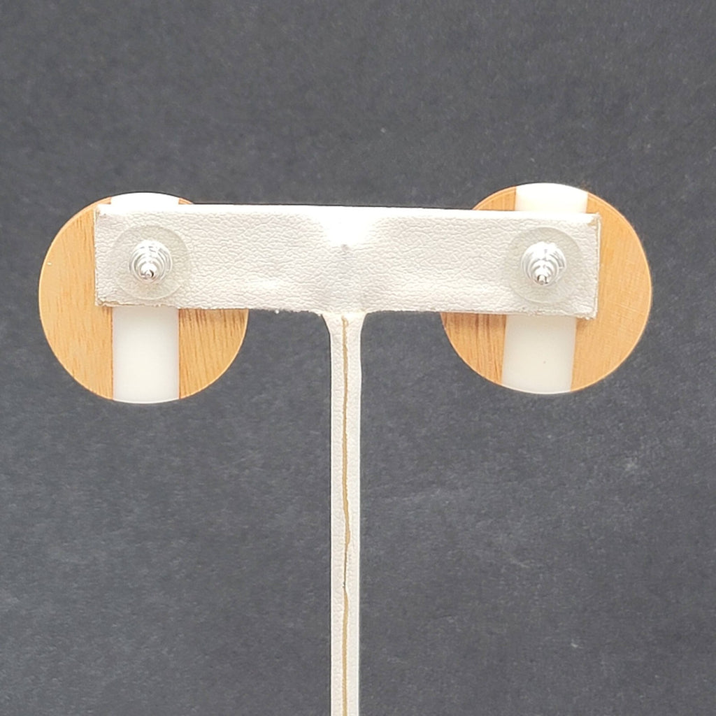 Pierced Earrings Wood White Resin Stripe Round 1 1/8"
