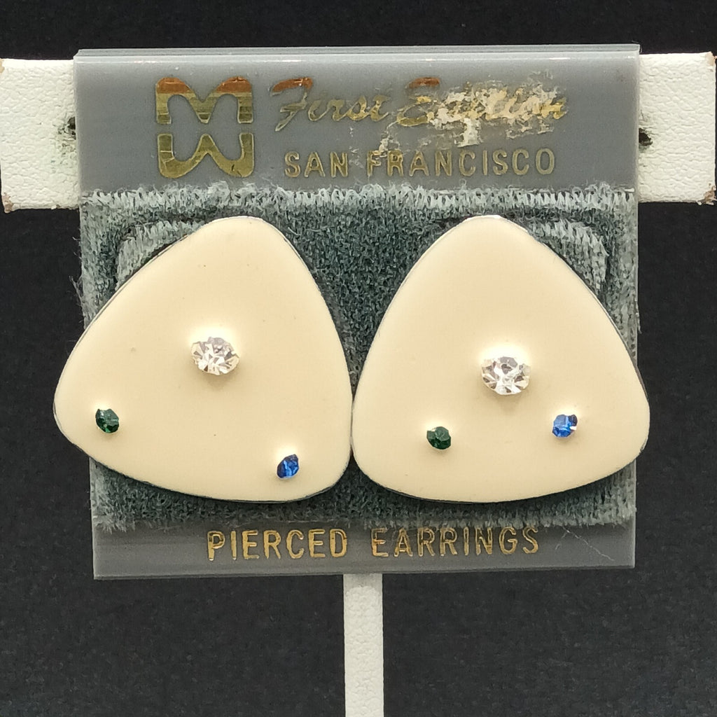 Vintage Pierced Earrings White Enamel Blue Clear Crystal Accent Triangle  1"