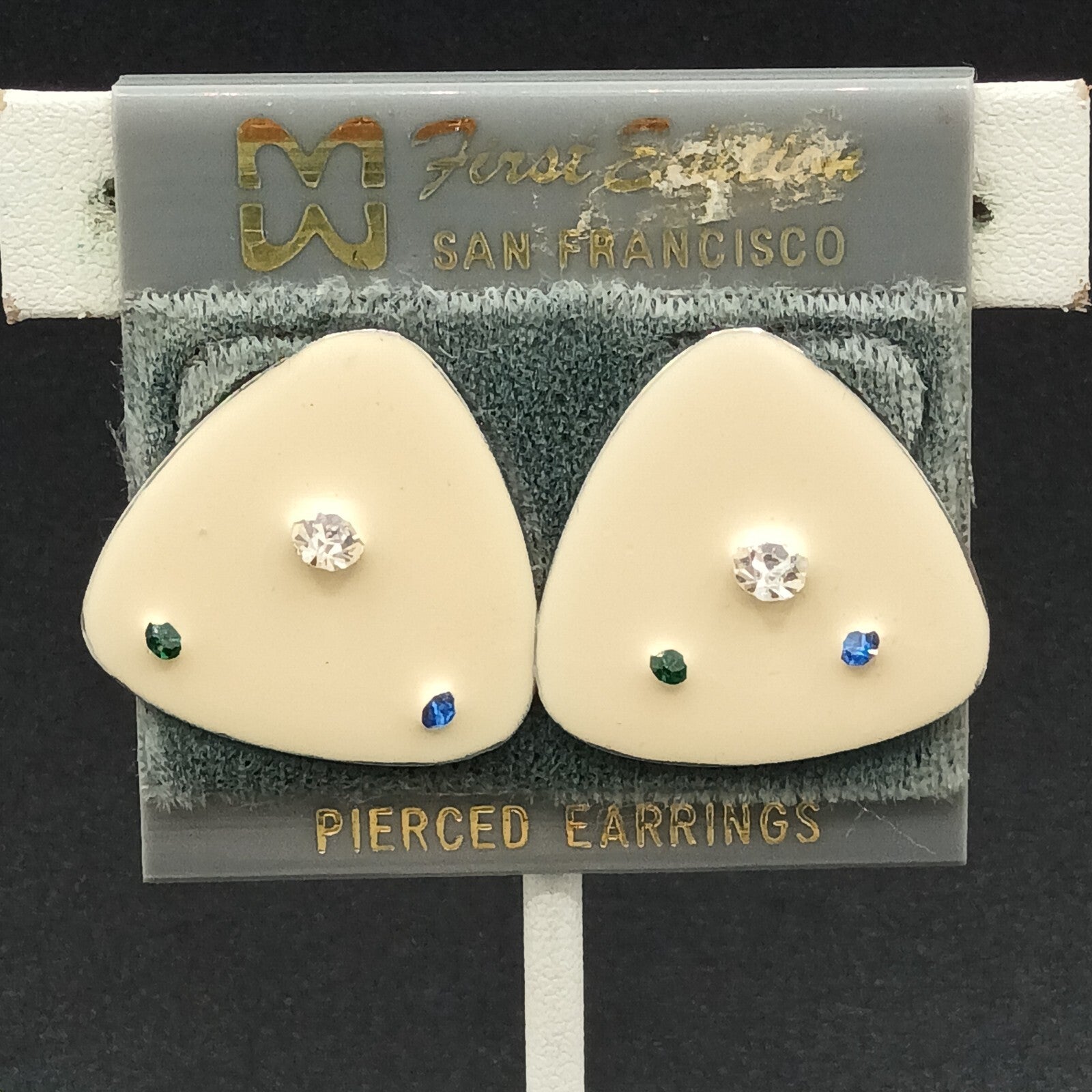Vintage Pierced Earrings White Enamel Blue Clear Crystal Accent Triangle  1"