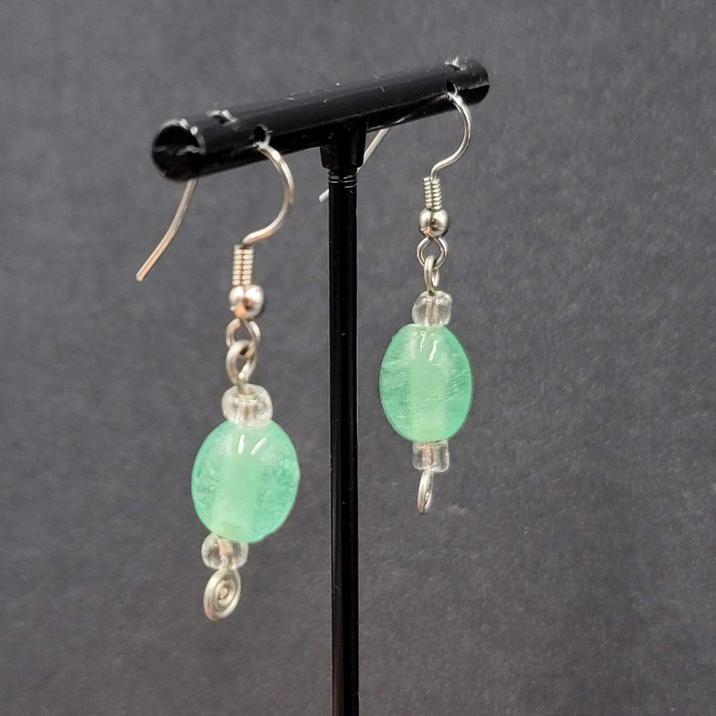 Pierced Earrings Silver tone Green Glass Beads Dangle 1"