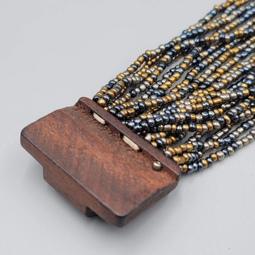 Wood Closure Wide Bracelet Multistrand Seed Bead 7"