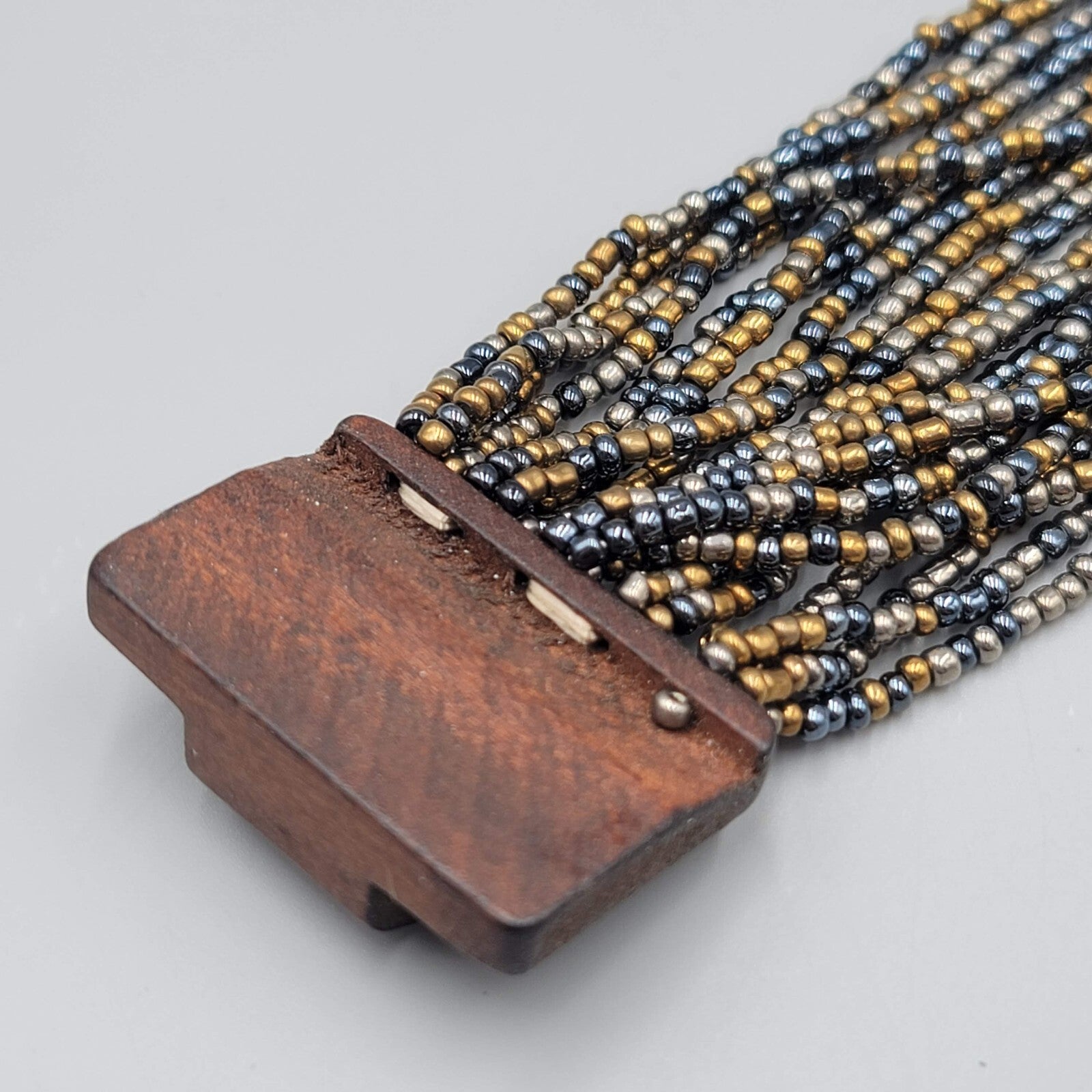 Wood Closure Wide Bracelet Multistrand Seed Bead 7"