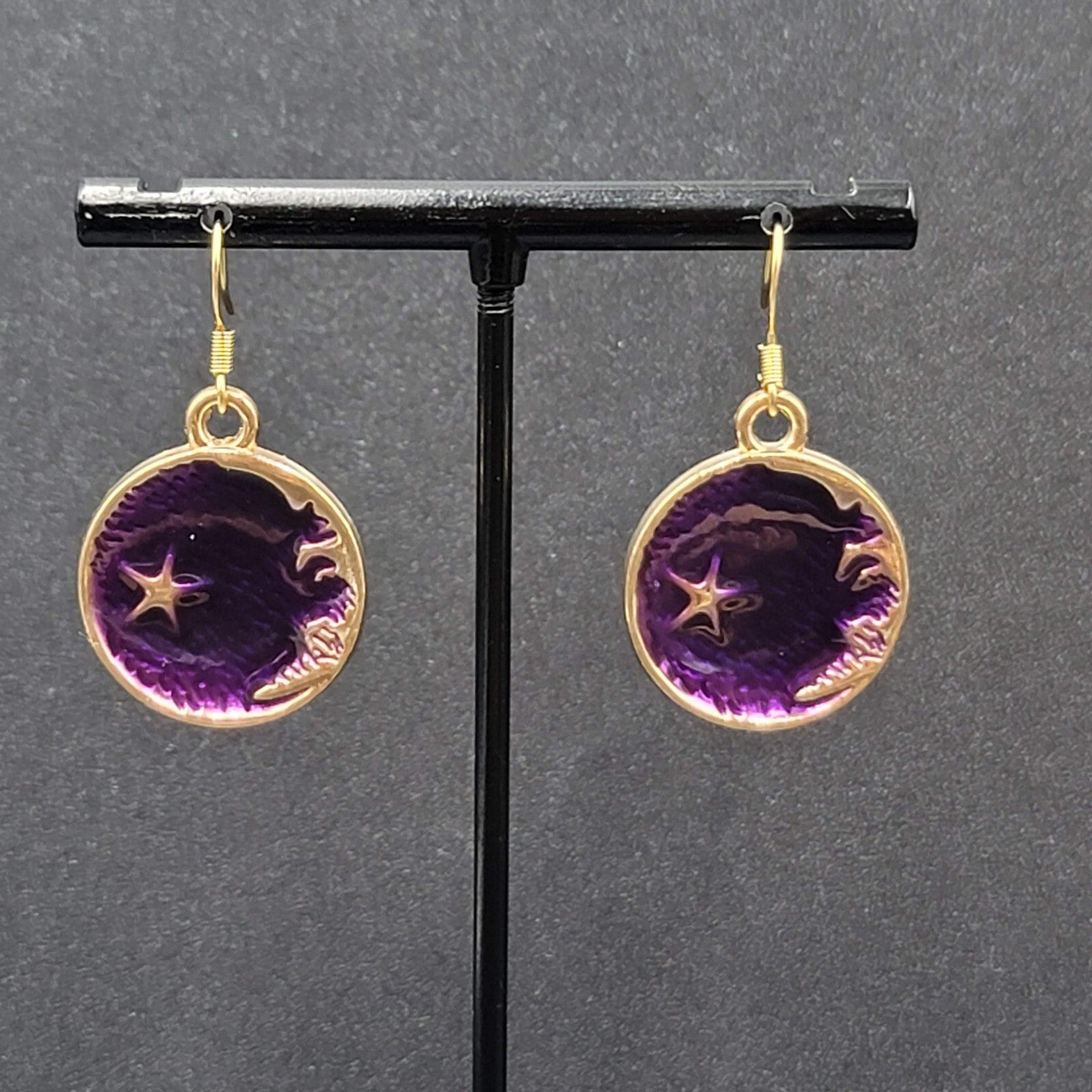 New Round Moon Pierced Earrings Gold tone Purple Enamel Dangle 1"