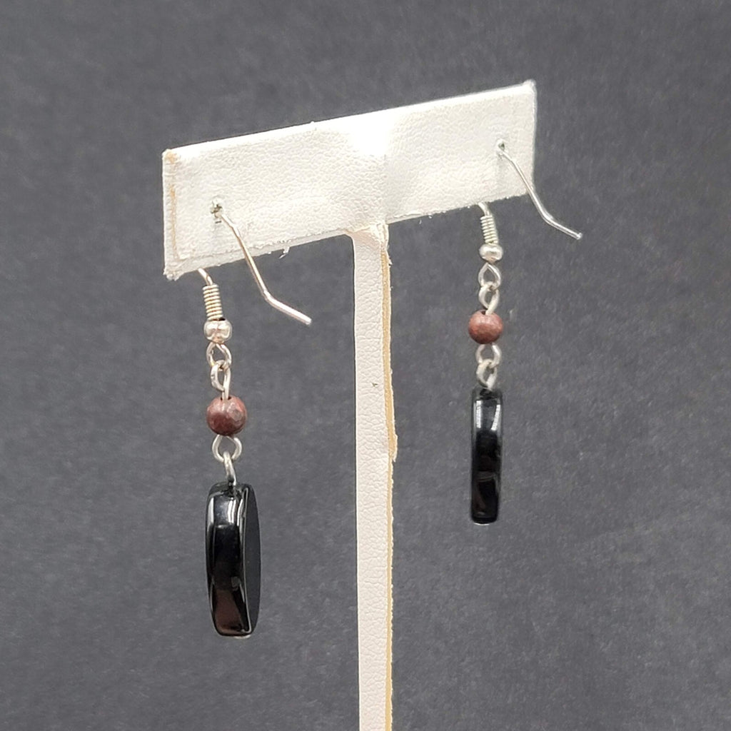 Pierced Earrings Silver tone Black Glass Oval Bead Dangle 1.25"