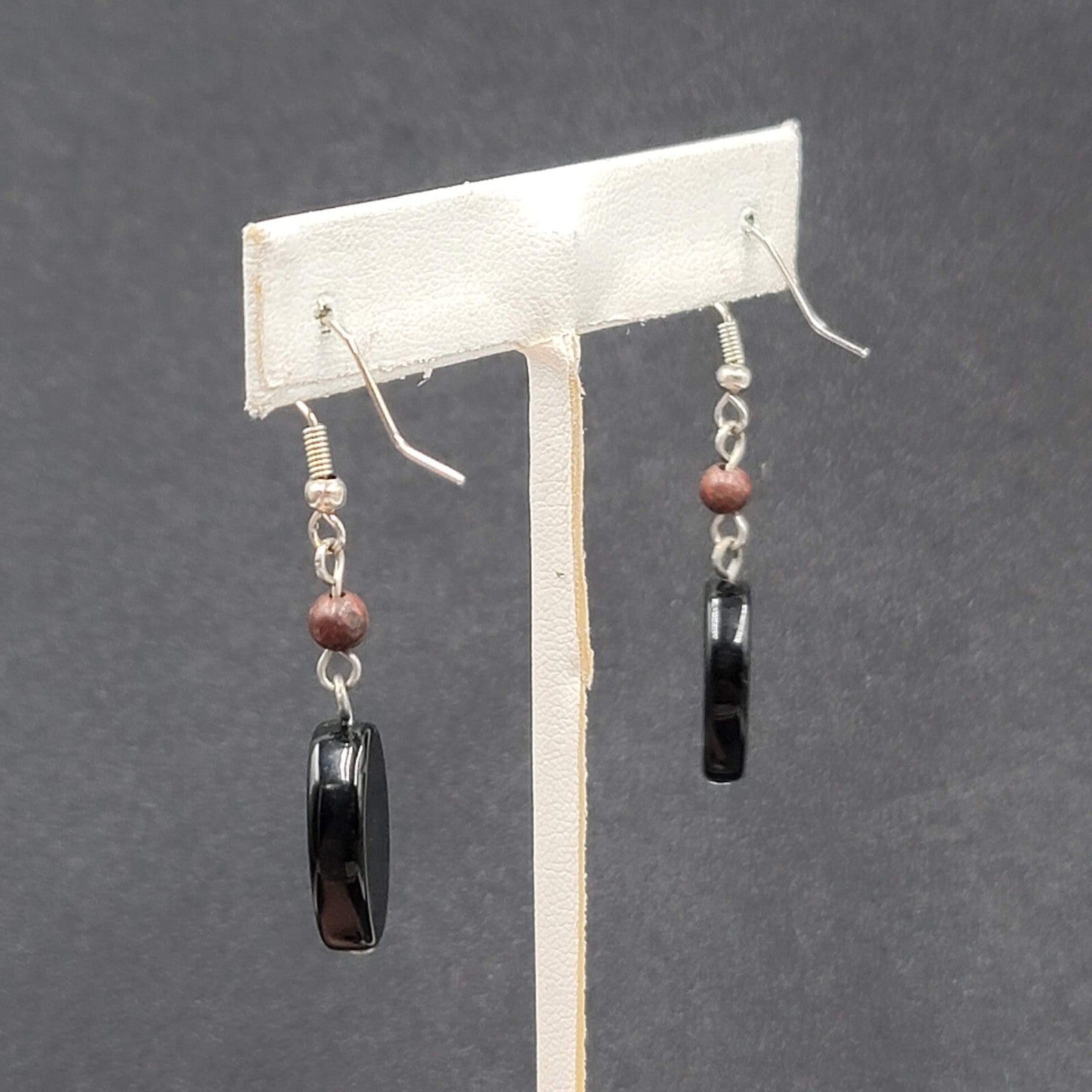 Pierced Earrings Silver tone Black Glass Oval Bead Dangle 1.25"