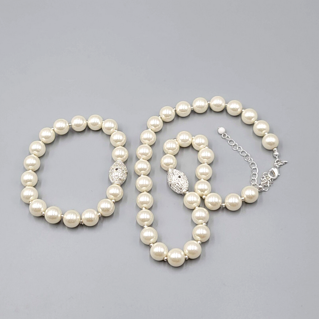 White Beads Silver tone Rhinestone Necklace and Bracelet Set Faux Pearl