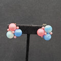 Vintage Clip on Earrings Pink Blue Cluster Beaded Japan 7/8"