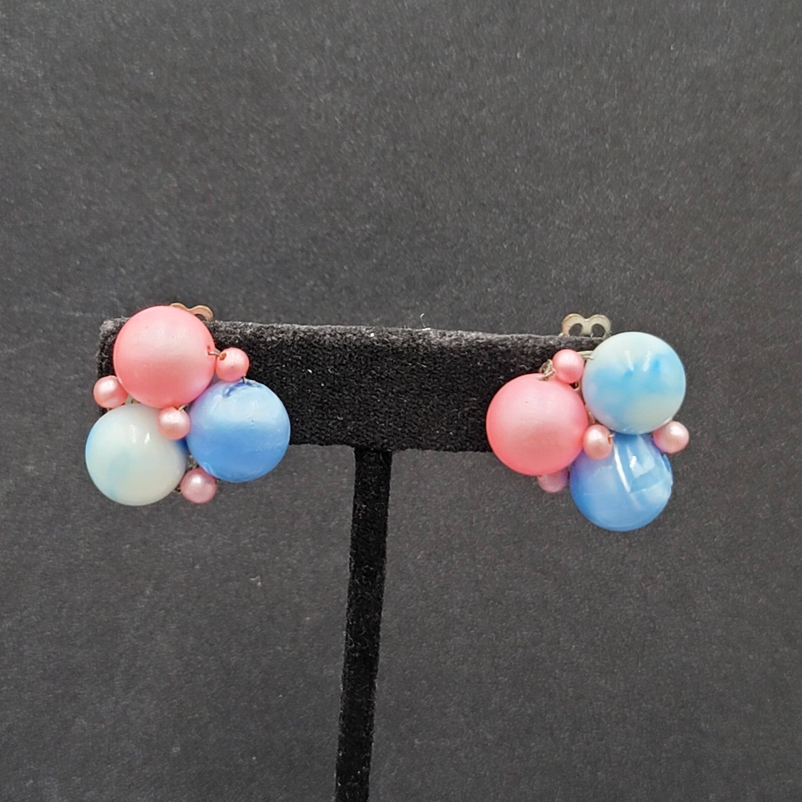 Vintage Clip on Earrings Pink Blue Cluster Beaded Japan 7/8"