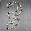 Long Necklace Faux Pearl Gold tone Wire Amethyst and Glass Beads 40"