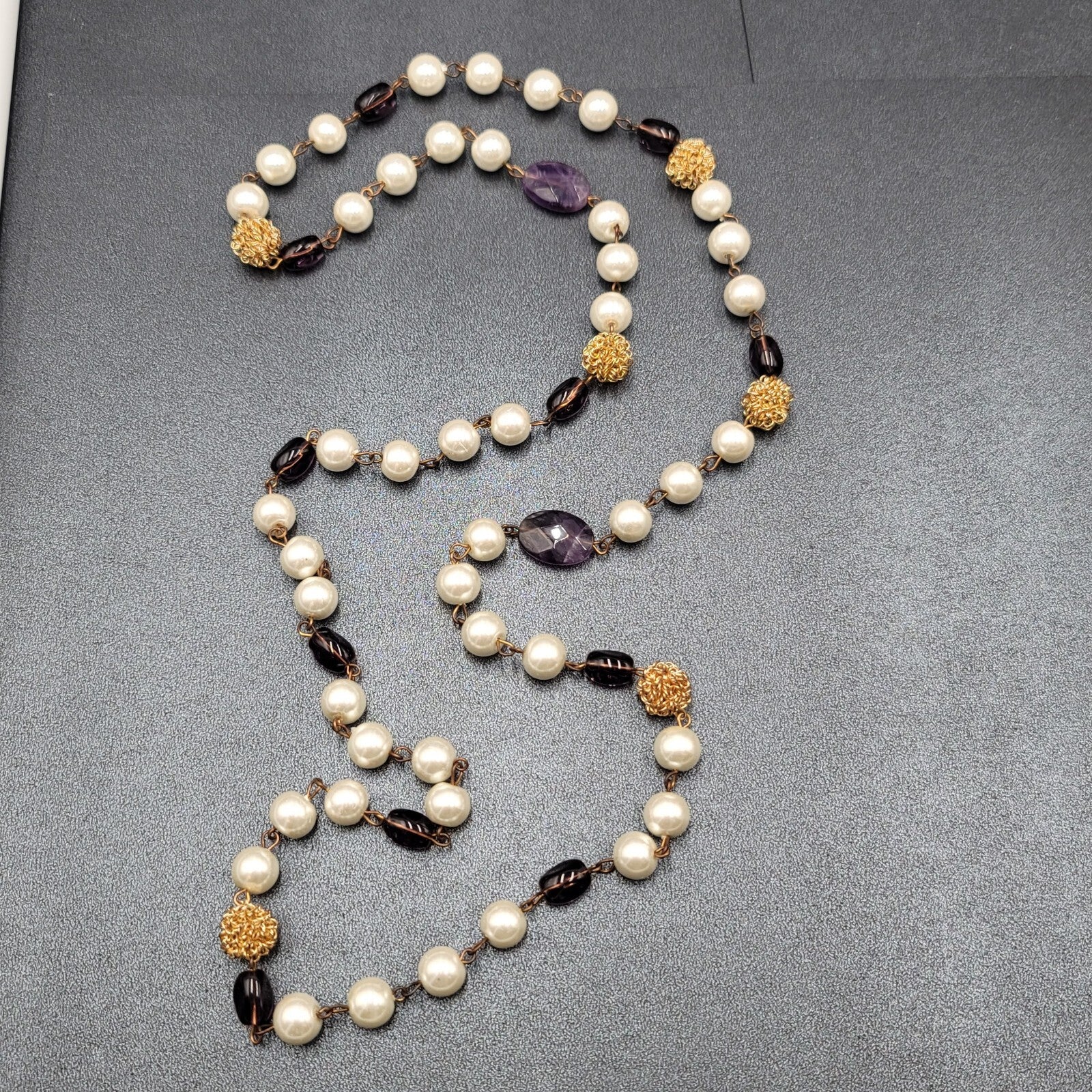 Long Necklace Faux Pearl Gold tone Wire Amethyst and Glass Beads 40"