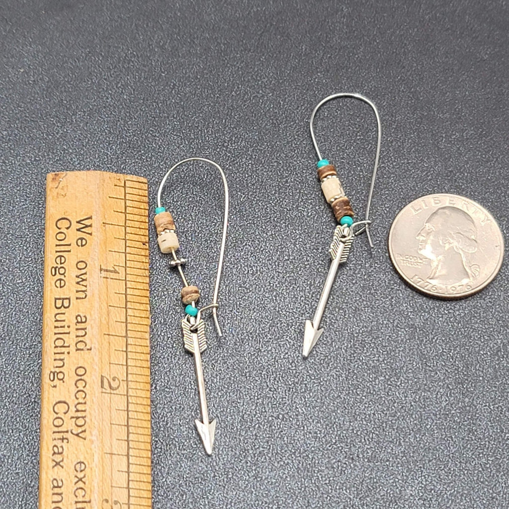 Pierced Earrings Silver tone Beaded Feather Dangle 2.5"