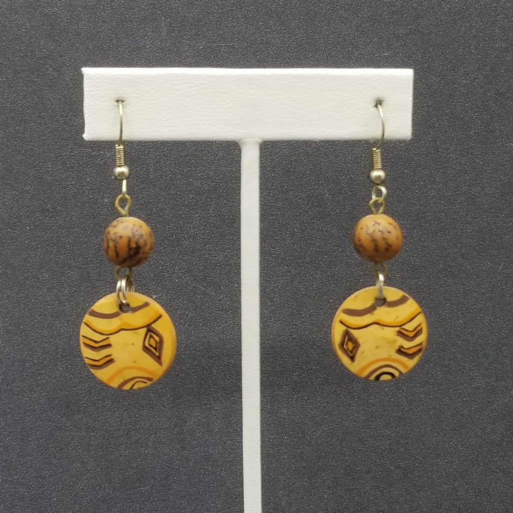 Pierced Earrings Silver tone Wooden Ethnic Statement Dangle 1 3/8"
