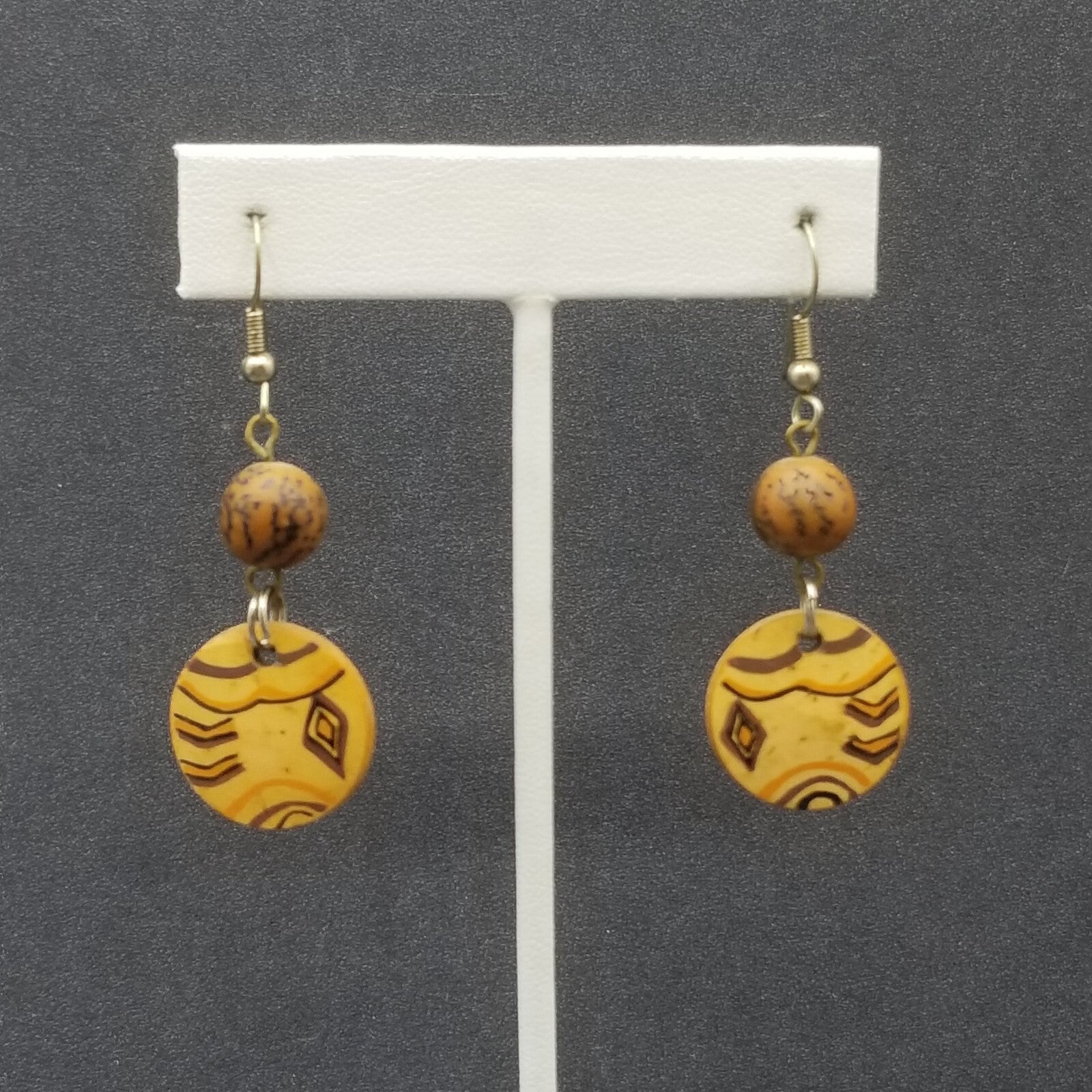 Pierced Earrings Silver tone Wooden Ethnic Statement Dangle 1 3/8"
