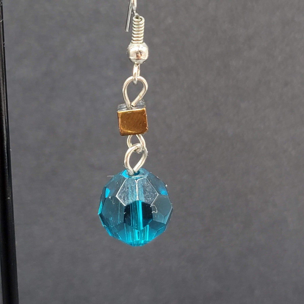 Pierced Earrings 1" Silver tone Blue Bead Copper Square Dangle 1"