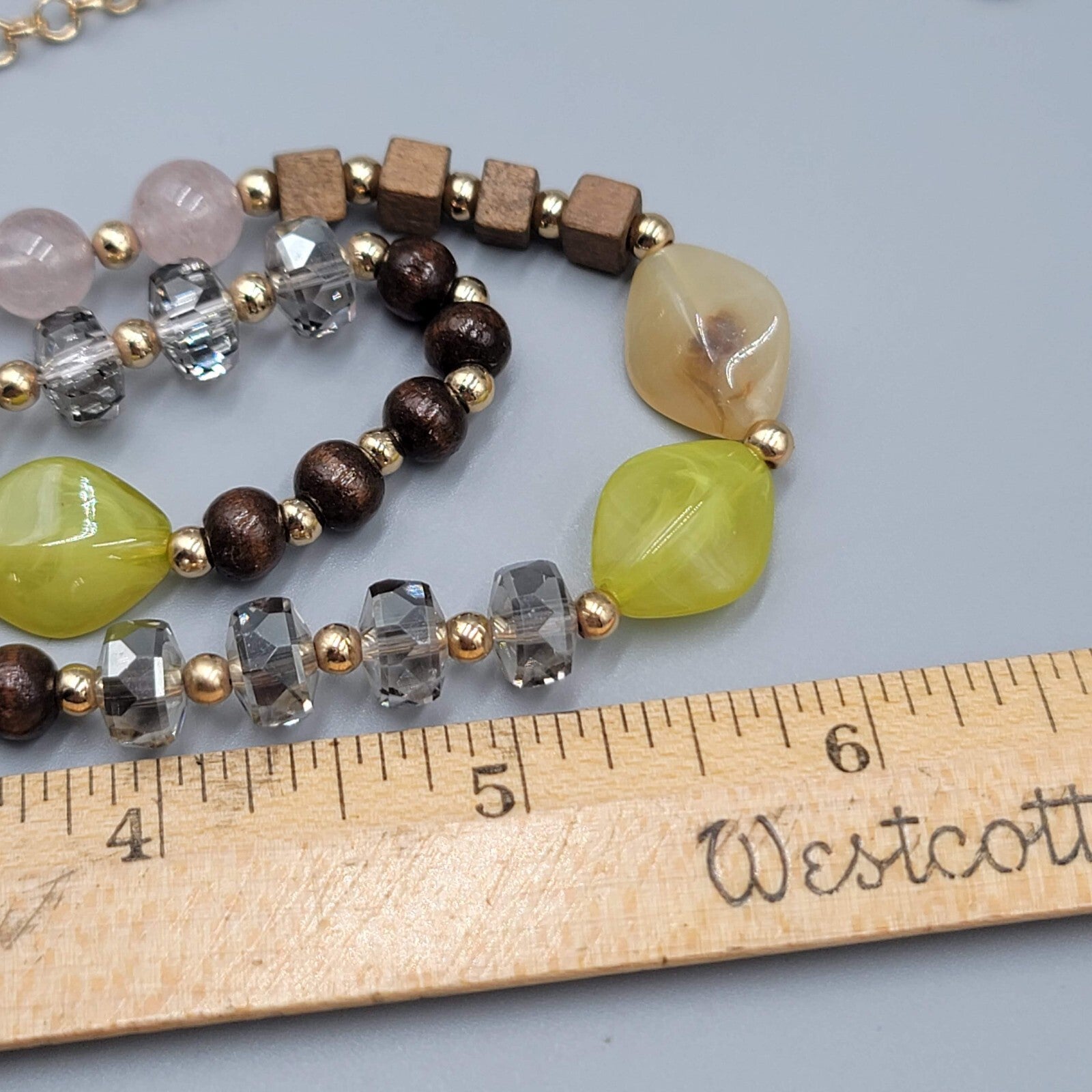 Long Stone Glass Bead Necklace Gold tone Multicolor 34-37"