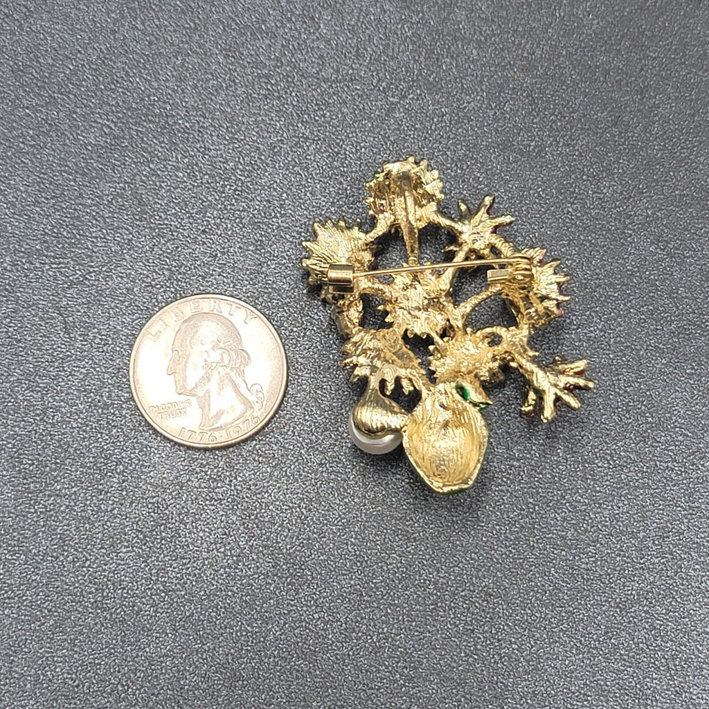 Crystal Rhinestone Flower Bouquet Brooch Pendant Green Enamel Multicolor 2.25"