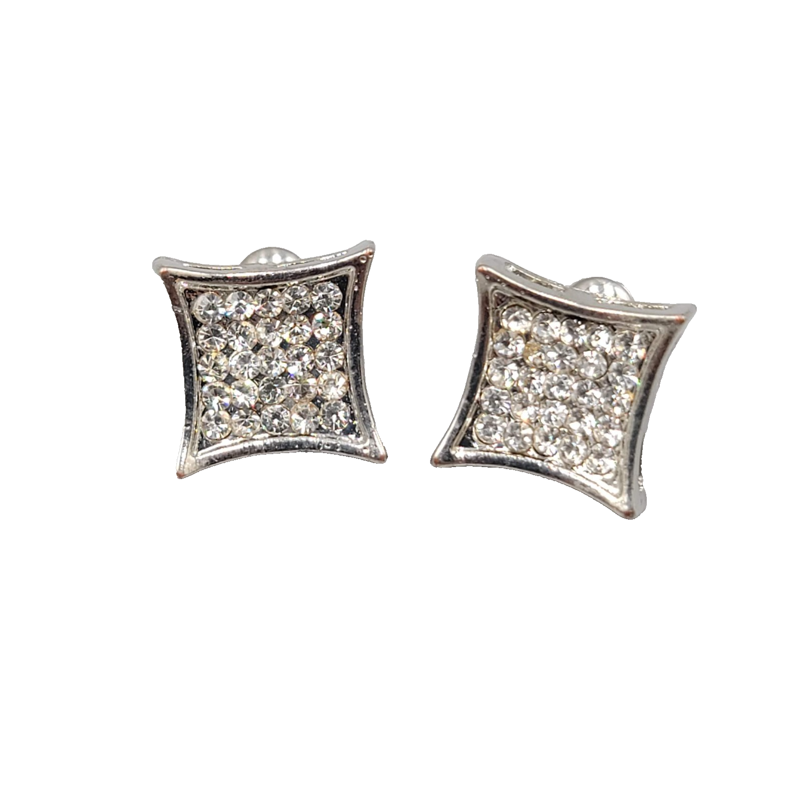 Crystal Square Studs Pierced Earrings Silver tone 1/2 in