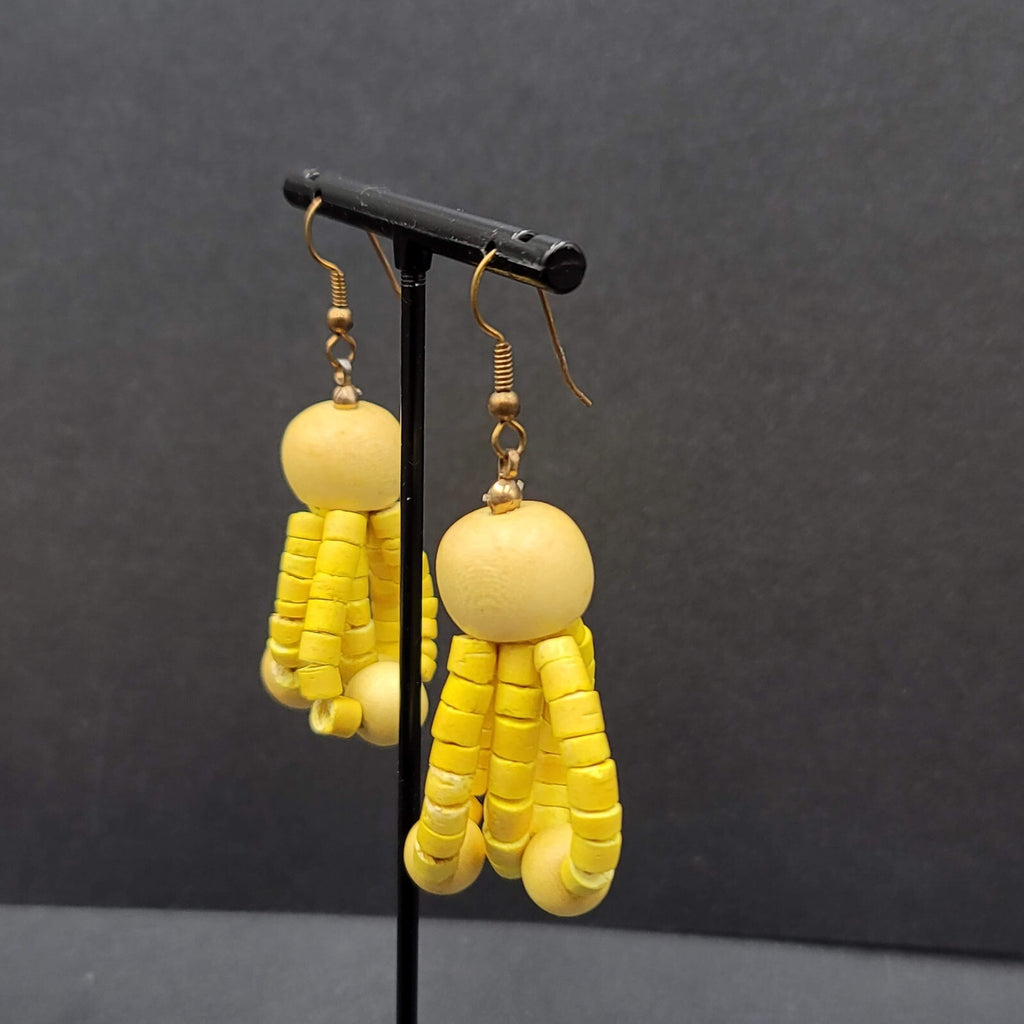 Vintage Pierced Earrings Wood Yellow Bead Dangle 1.75"