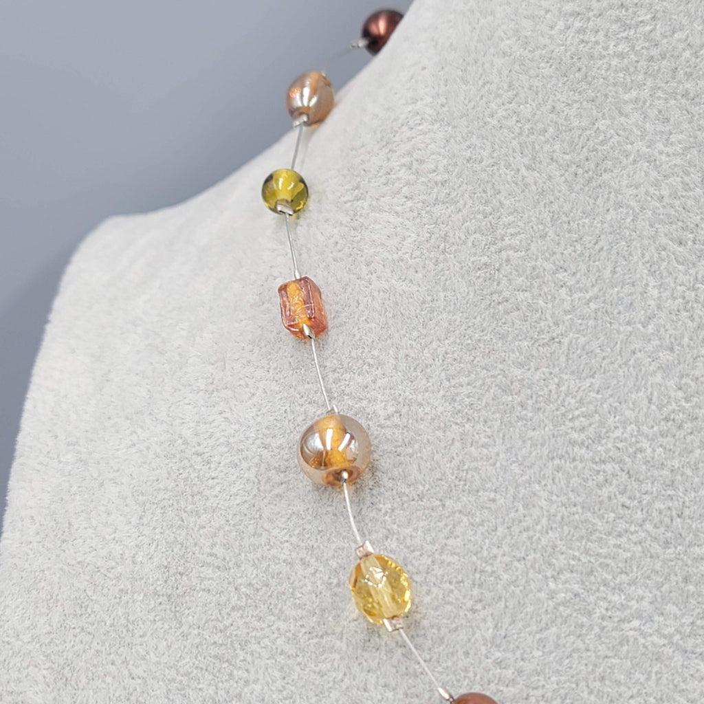 Multi color Glass Bead Station Necklace Silver tone Wire 16"-18"