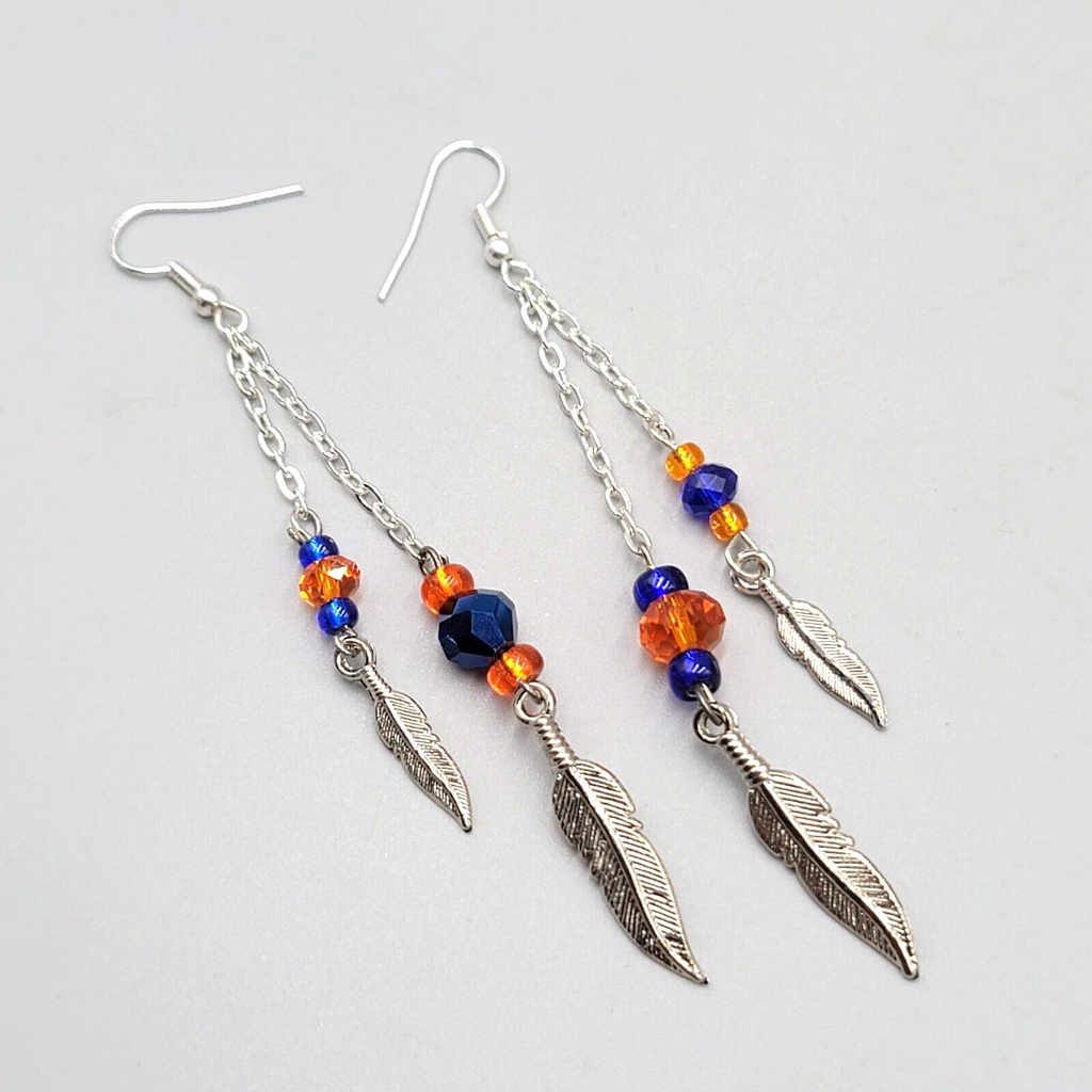 Dangle Pierced Earrings Silvertone Bead Chain Feather Accent 3.25" Denver Bronco