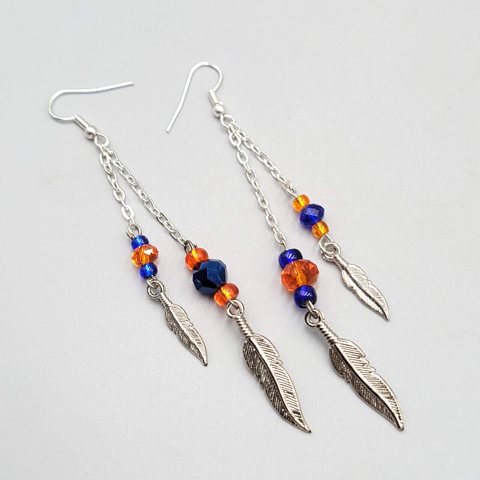 Dangle Pierced Earrings Silvertone Bead Chain Feather Accent 3.25" Denver Bronco
