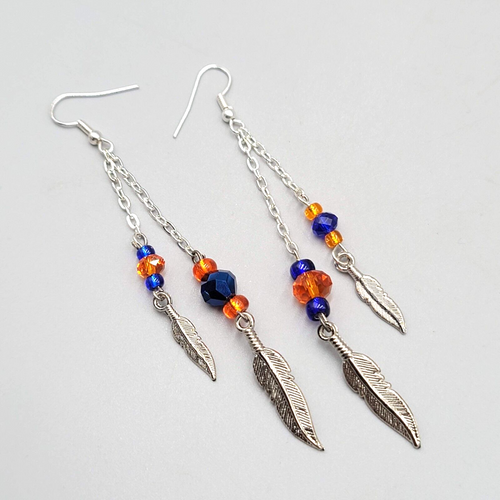 Dangle Pierced Earrings Silvertone Bead Chain Feather Accent 3.25" Denver Bronco