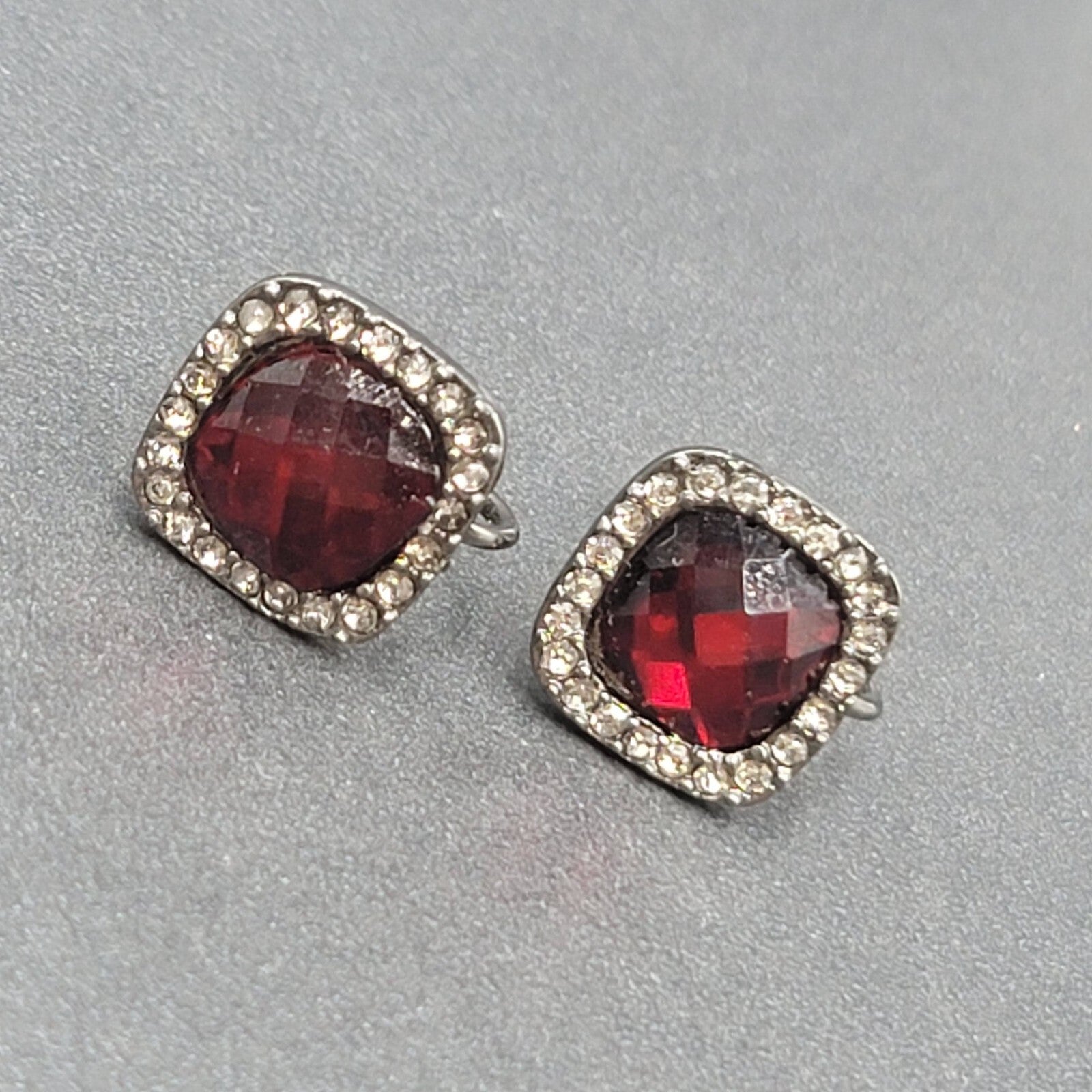 Clip on Earrings Black Metal Red Acrylic Clear Rhinestone Stud  1/2"