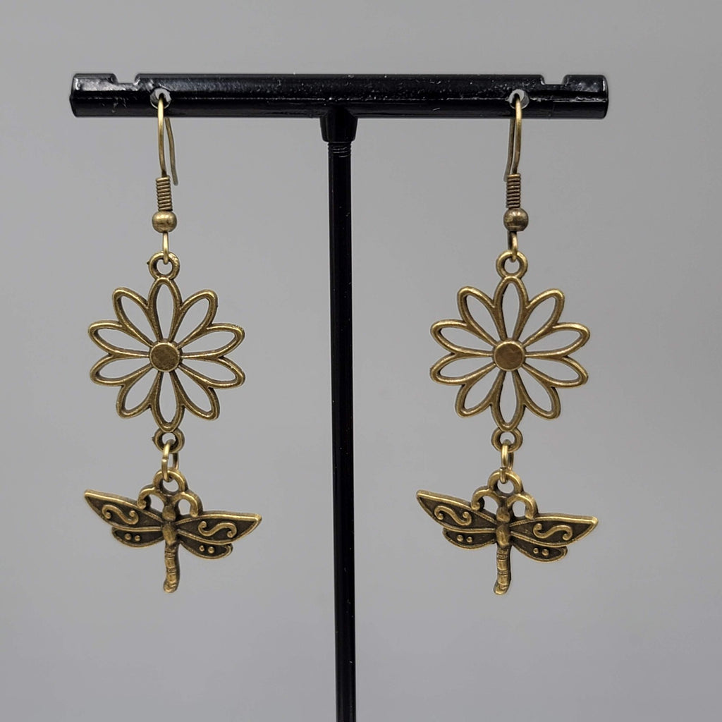 Dragonfly Flower Pierced Earrings Bronze tone Dangle NEW 1 5/8"