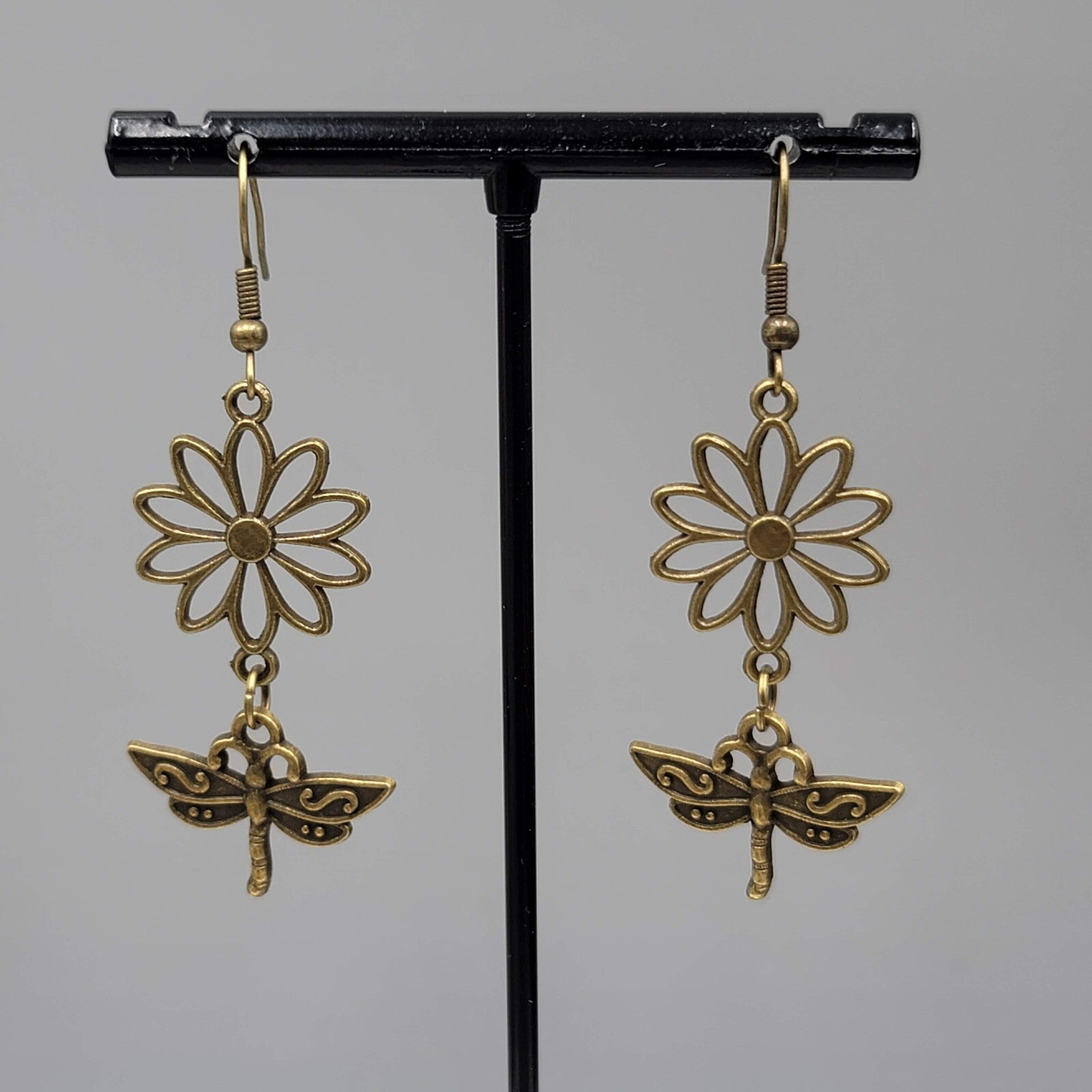 Dragonfly Flower Pierced Earrings Bronze tone Dangle NEW 1 5/8"