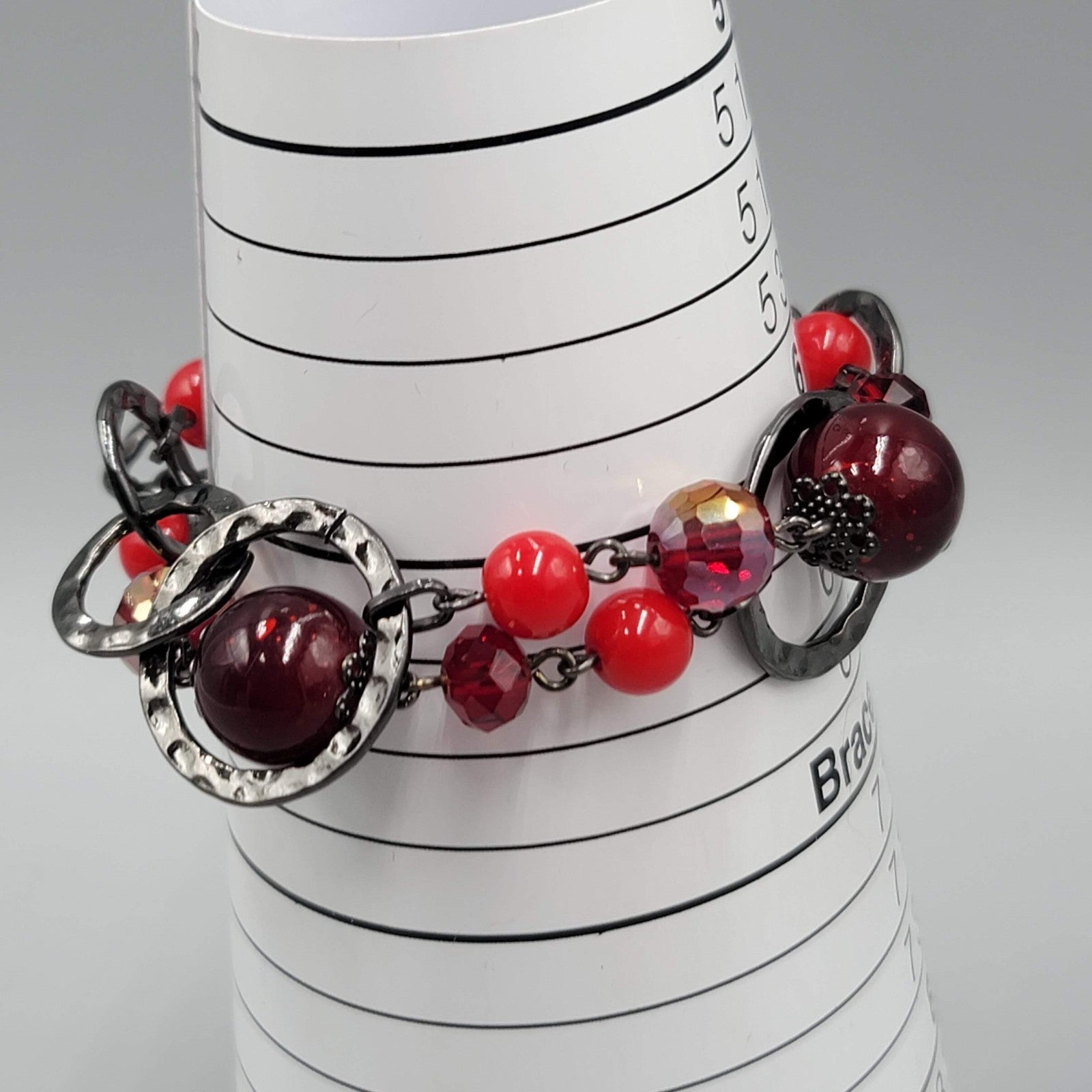Premier Designs Bracelet Black & Red Bead Double Chain Adjustable 7"