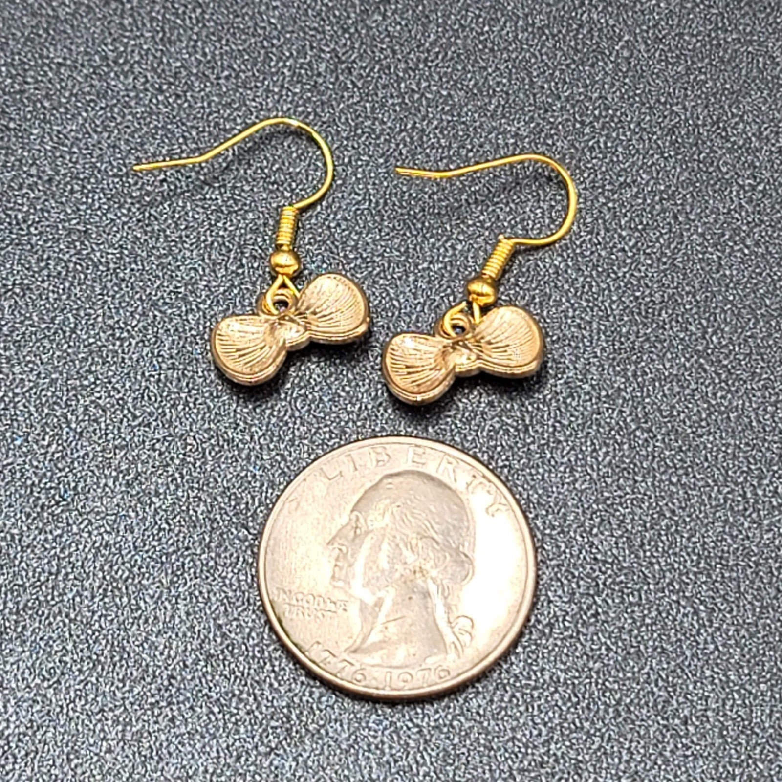 Bow Pierced Earrings Gold tone Crystal Black Enamel Dangle 3/8"