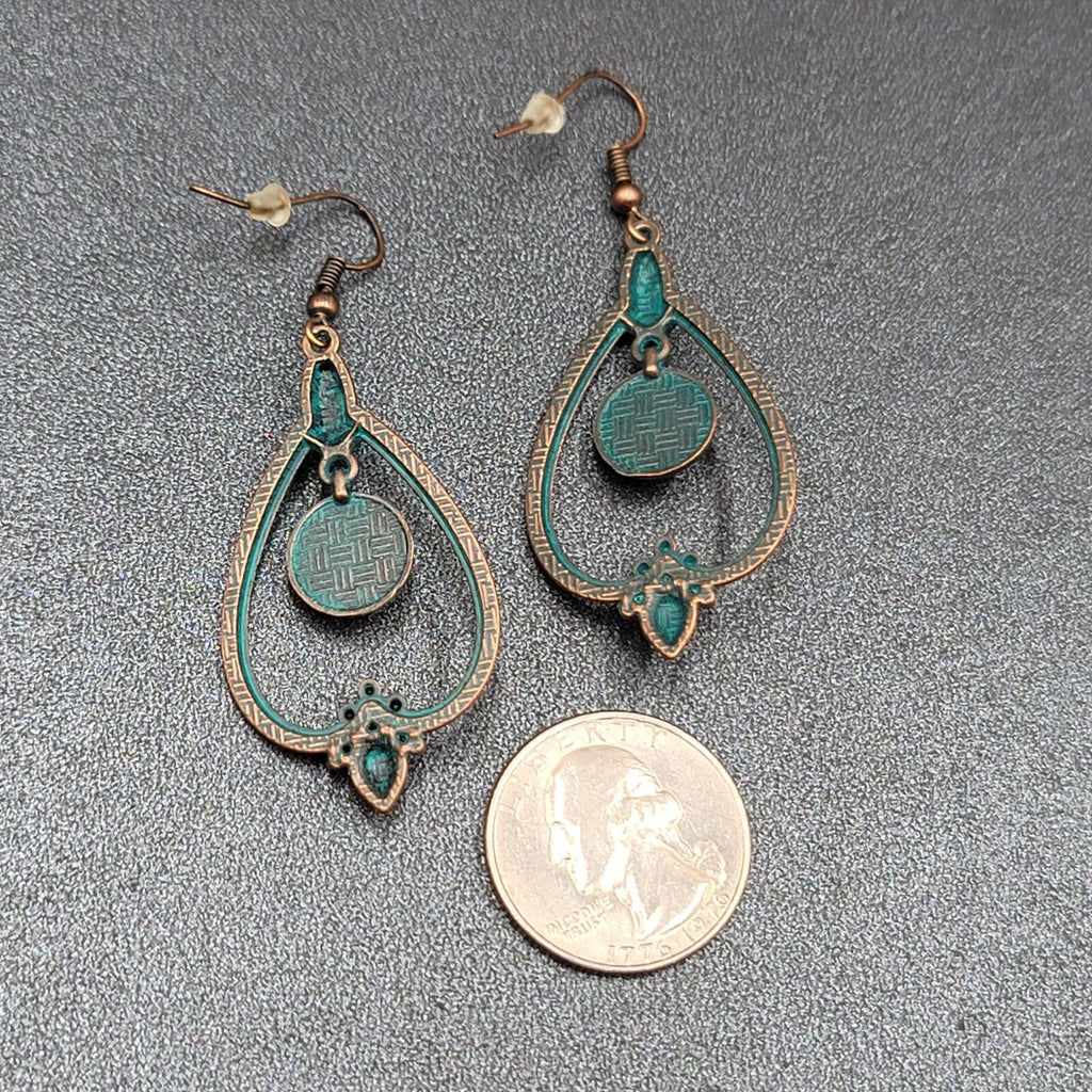 New Boho Pierced Earrings Copper tone Green Enamel Faux Turquoise Dangle 1.75"