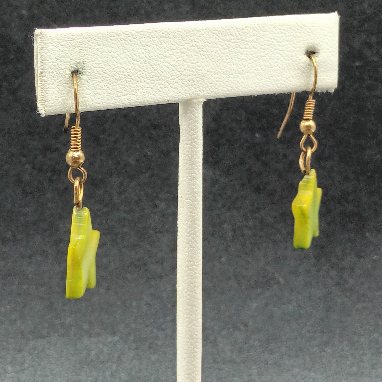 Pierced Earrings Gold tone Hook Green Dyed Shell Star Bead Dangle  5/8"