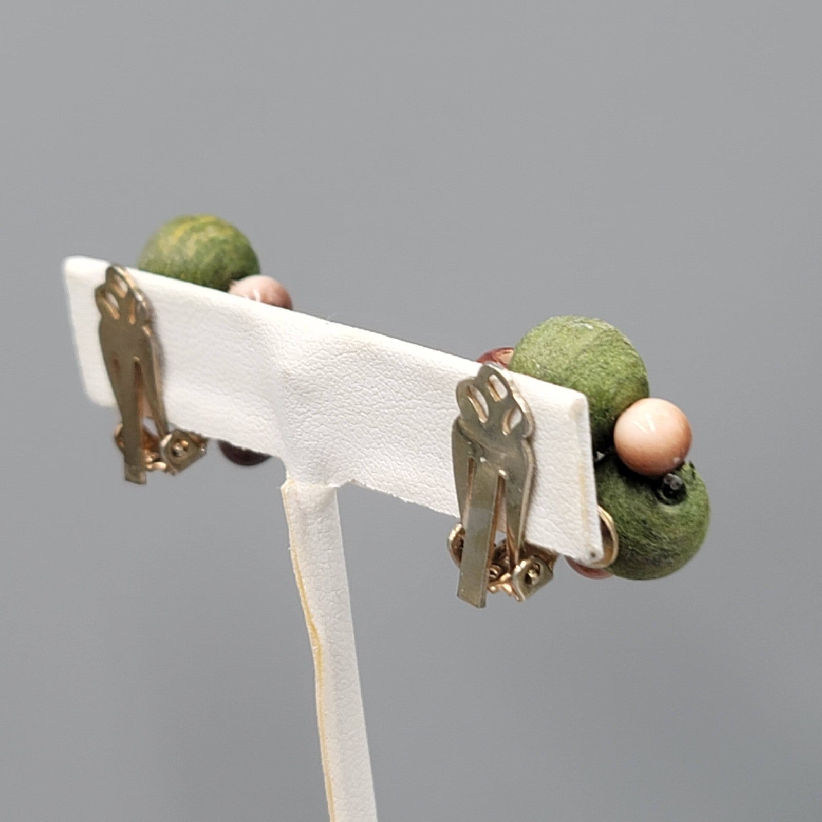 VintageWrapped Green Bead Clip on Earrings Brown Bead 1 in
