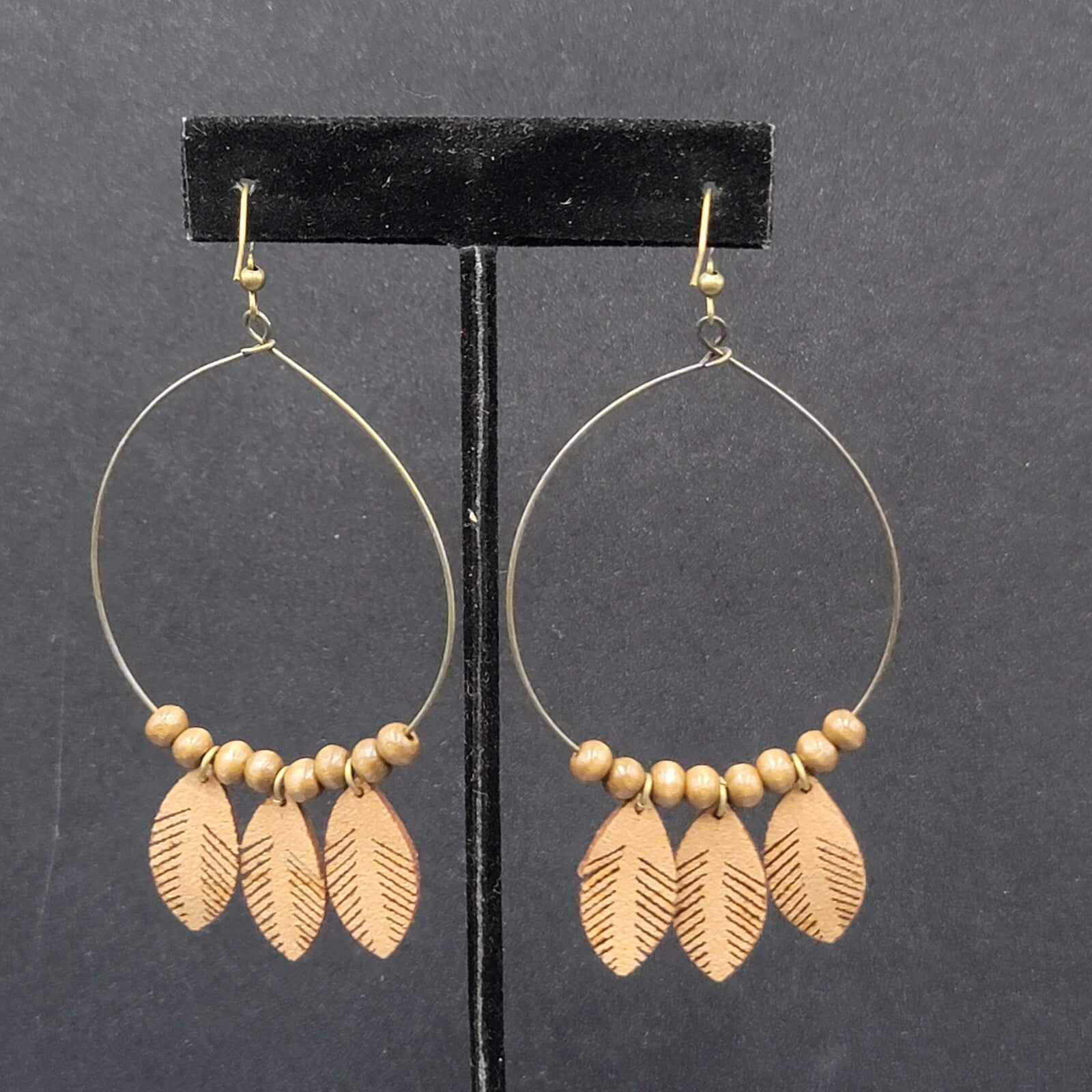 New Boho Pierced Earrings Bronze tone Faux Leather Leaves Wood Bead Hoops 3.25"
