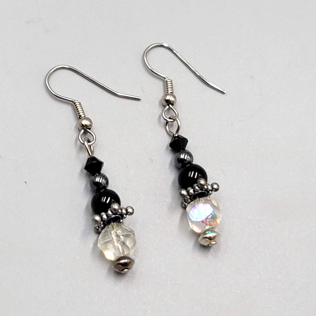 Black Glass AB Crystal Bead Pierced Earrings Silver tone Dangle   1 1/8"