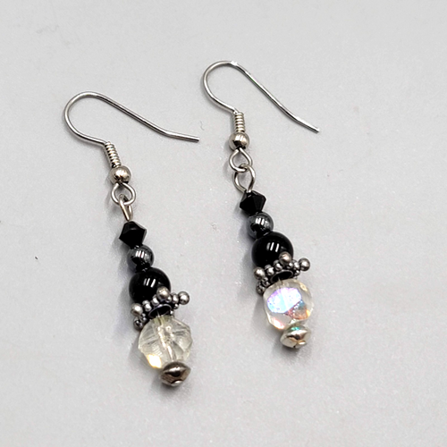 Black Glass AB Crystal Bead Pierced Earrings Silver tone Dangle   1 1/8"