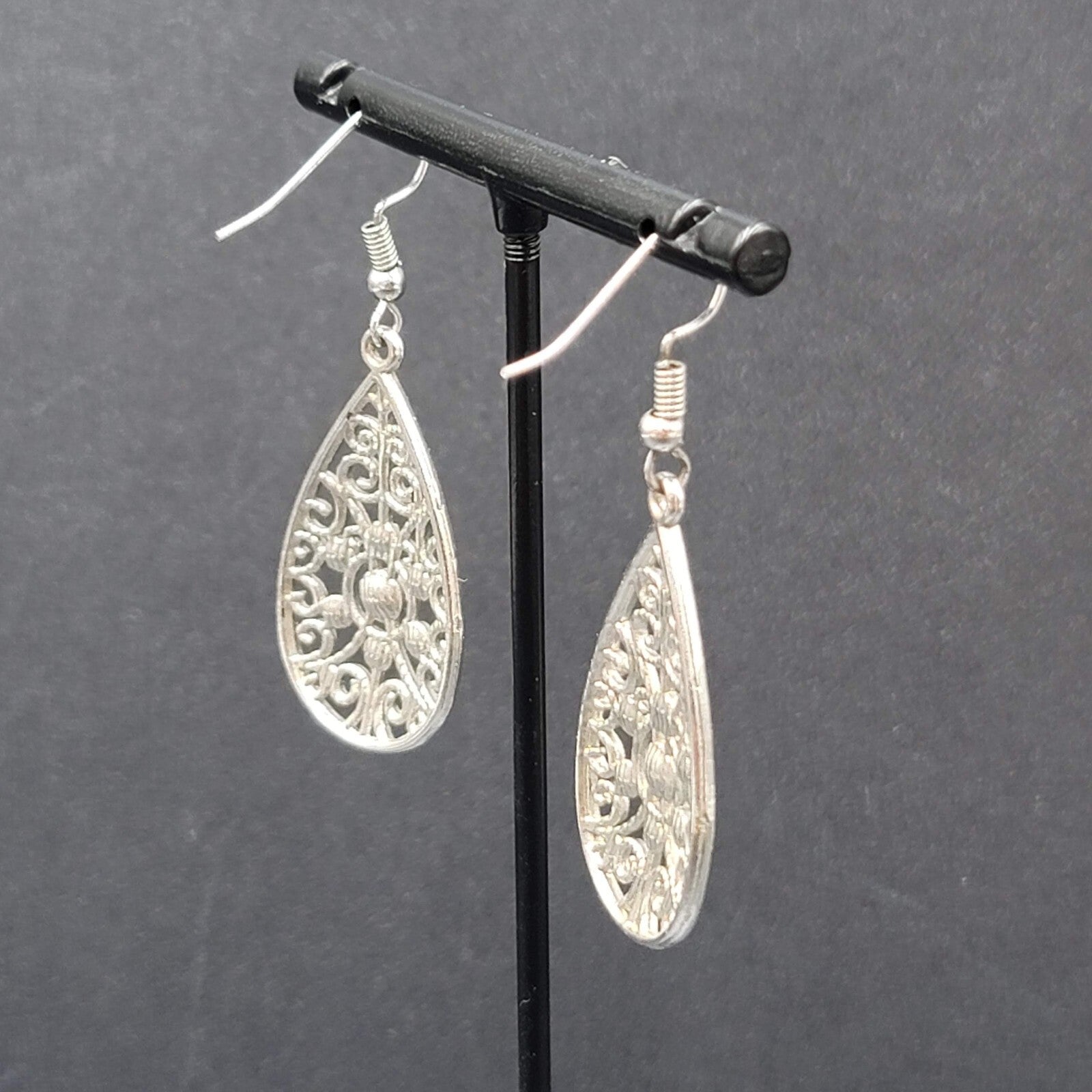 Pierced Earrings Silver tone Rhinestone Open Work Teardrop Dangle 1.25"