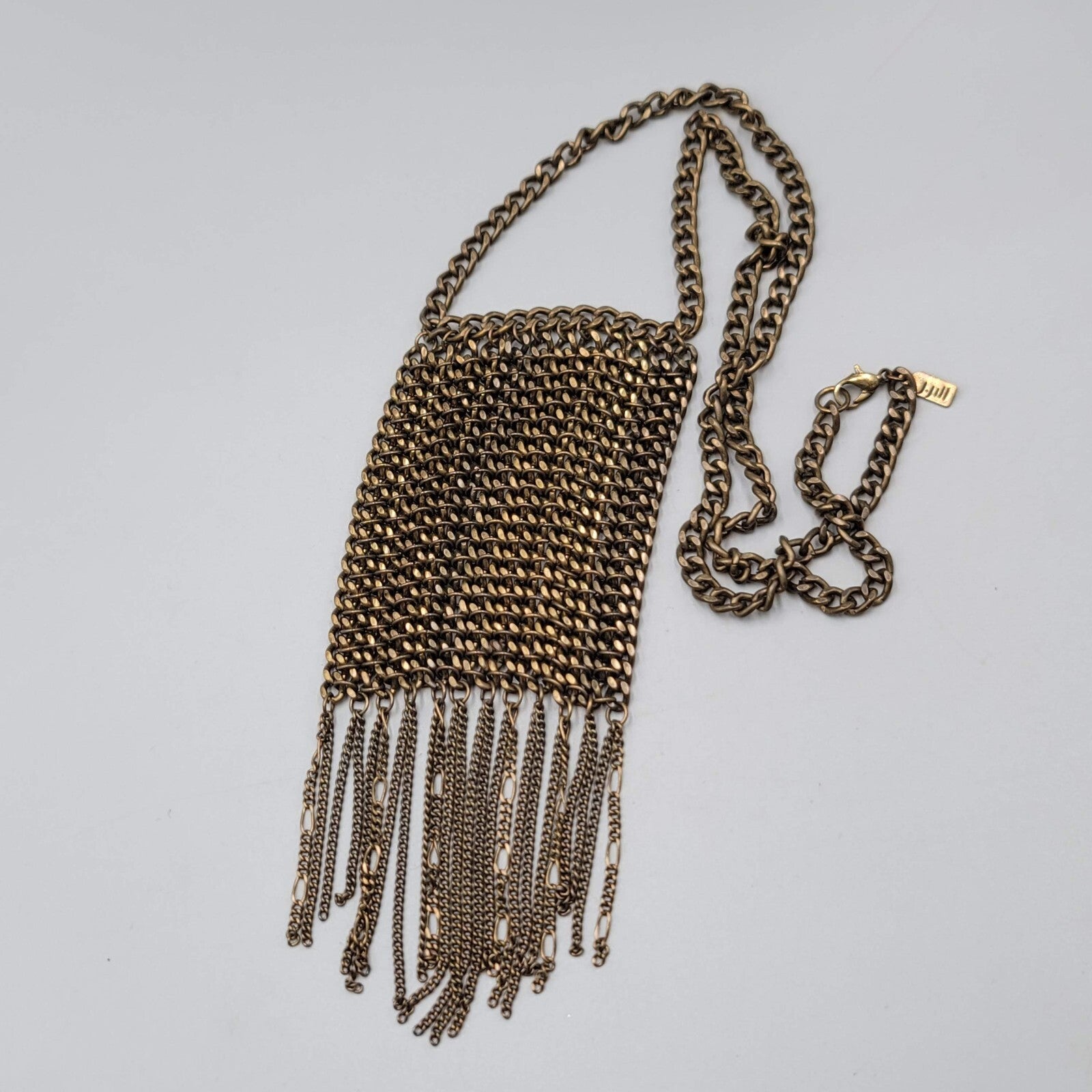 J Jill Necklace Bronze tone Chain Mail Look Tassel Statement Long 24"