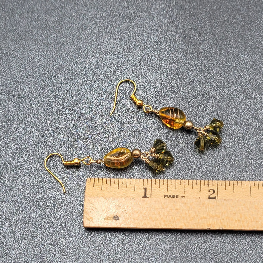 Pierced Earrings Gold tone Art Glass and Green Crystal Beads 1.25"
