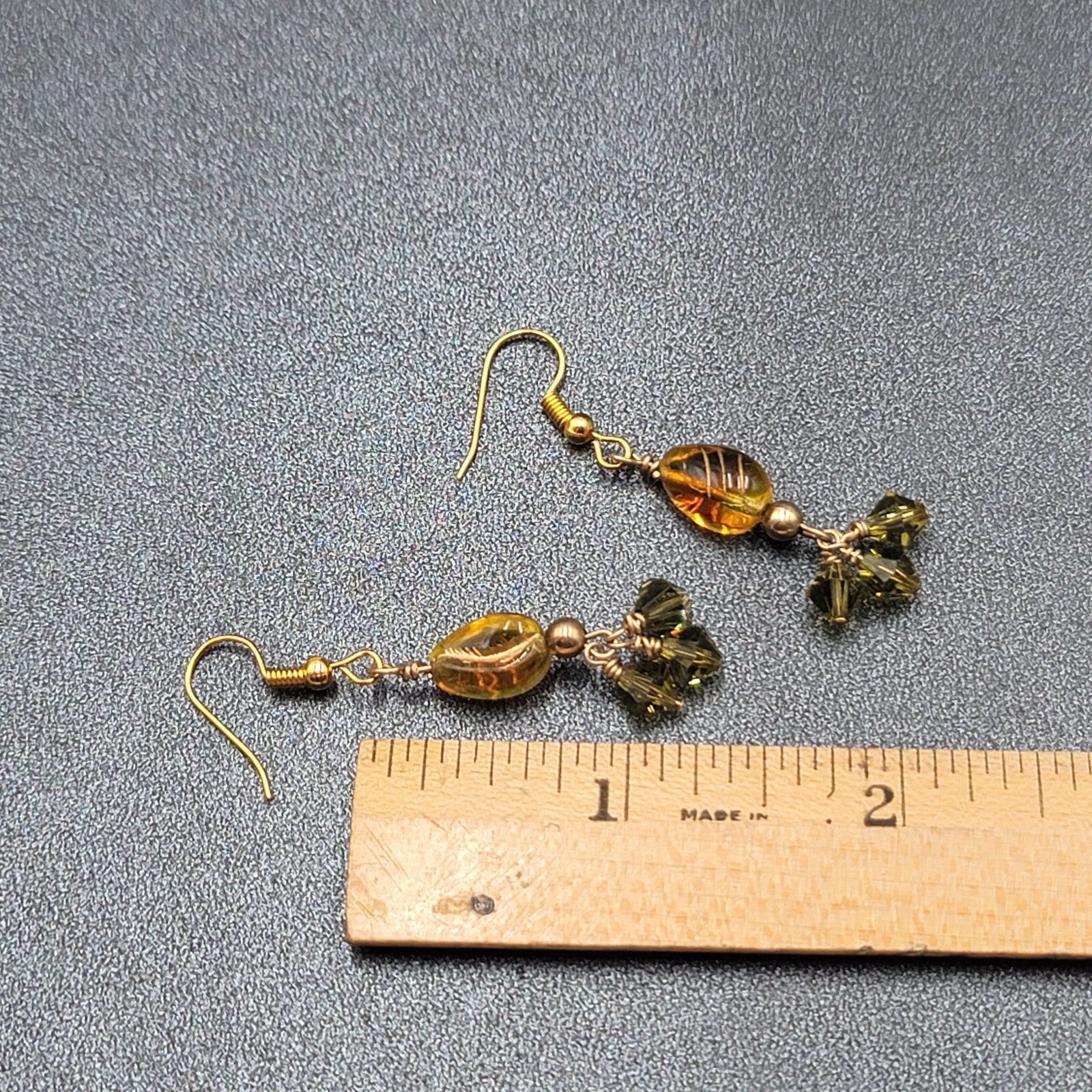 Pierced Earrings Gold tone Art Glass and Green Crystal Beads 1.25"