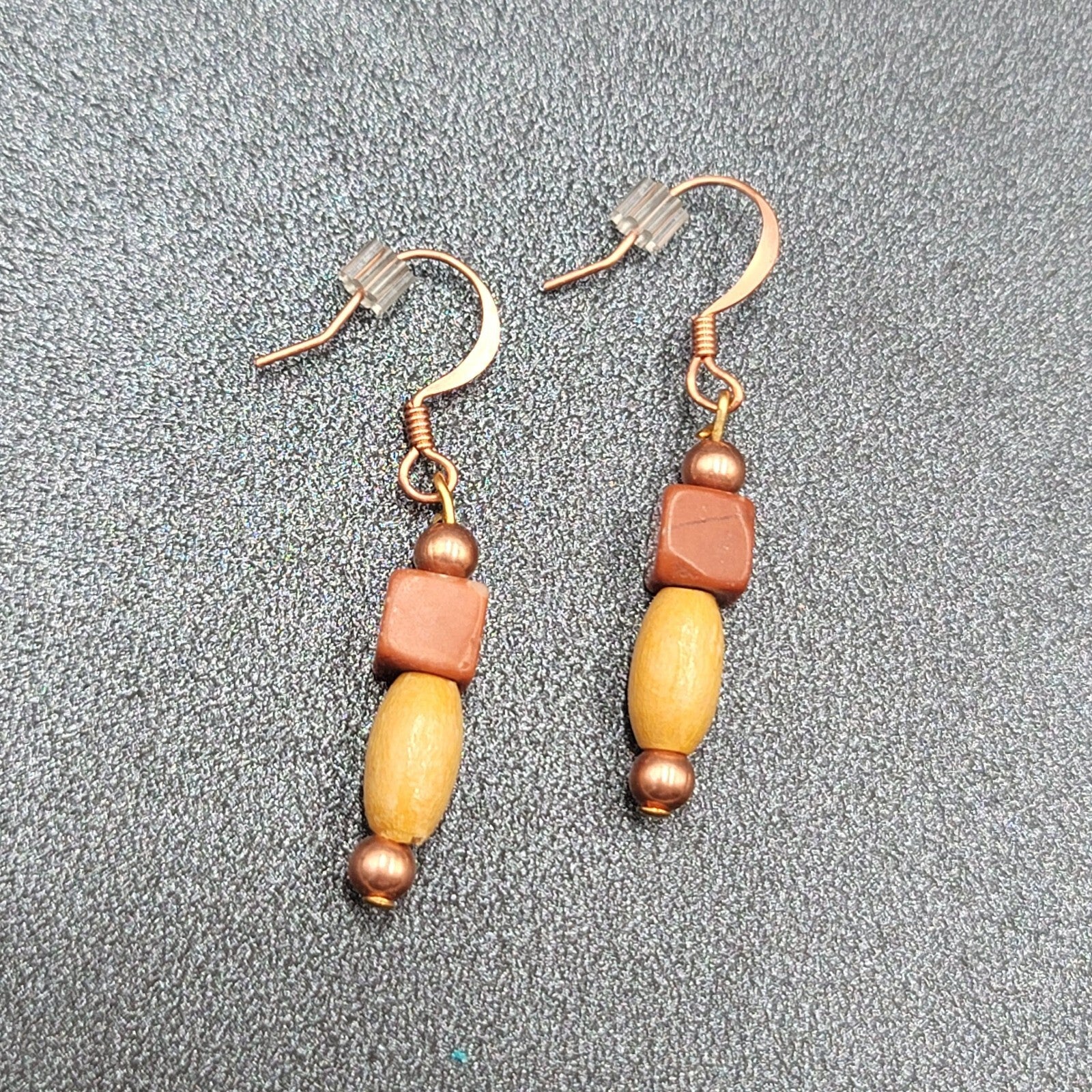 Pierced Earrings Red Stone Wood Bead Copper tone Dangle  1"