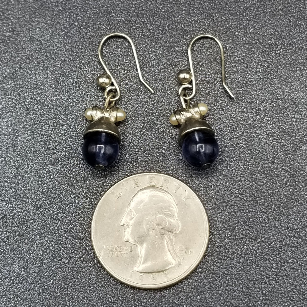 Pierced Earrings Silver tone Blue Crystal Bea Faux Pearl Dangle 1/2"