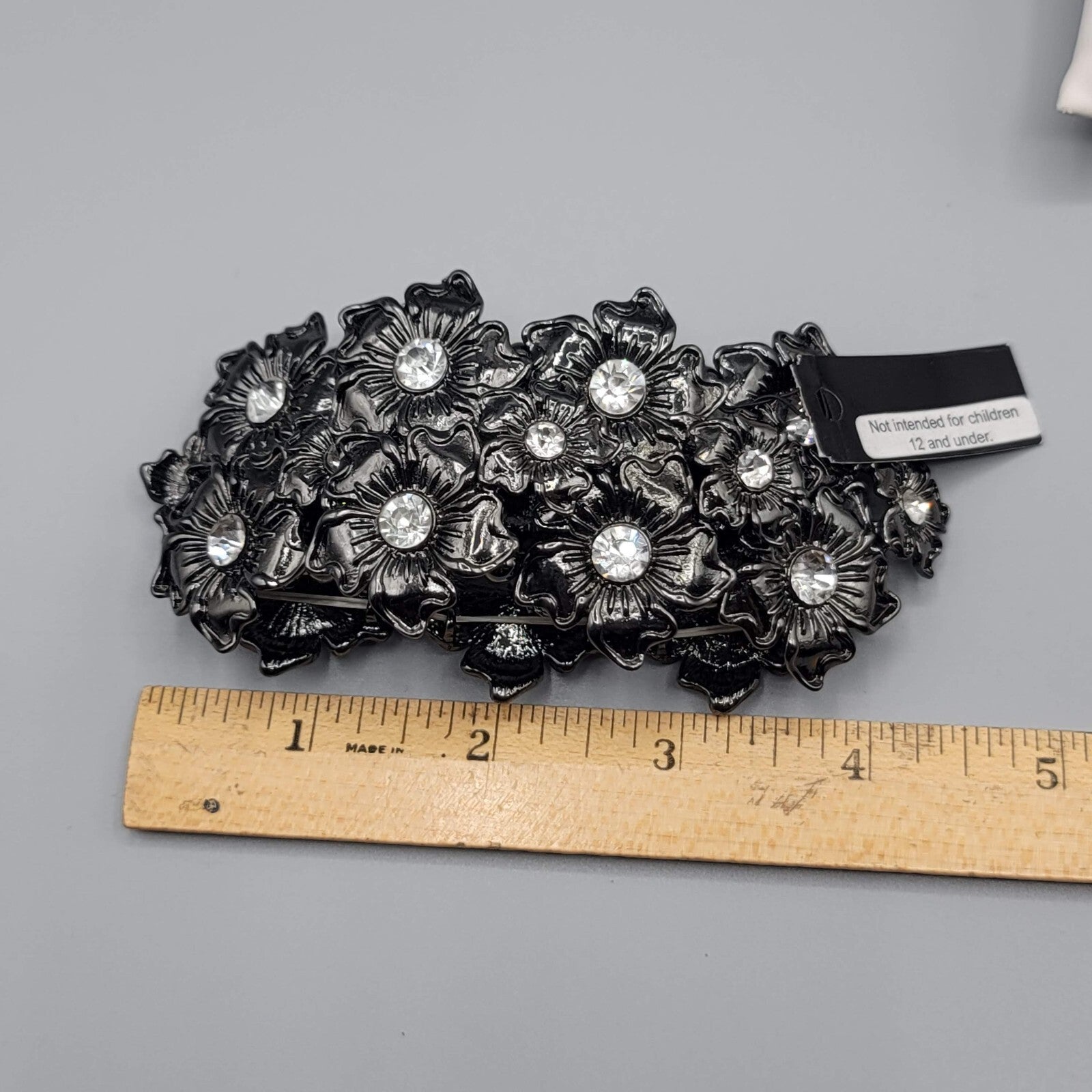 Birch Hill Bracelet Black Metal Flowers Clear Rhinestones Wide Elastic