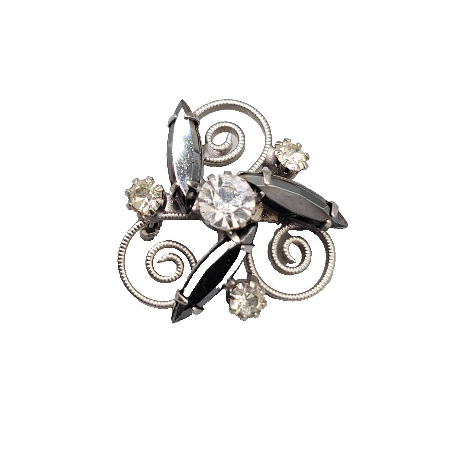Vintage Black Hematite Rhinestone Brooch Silver tone Swirl 1 in
